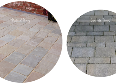 Side-by-side image showing Lakeland De Terra natural stone pavers with earthy texture next to uniform gray concrete pavers for visual comparison.