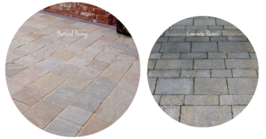 Side-by-side image showing Lakeland De Terra natural stone pavers with earthy texture next to uniform gray concrete pavers for visual comparison.